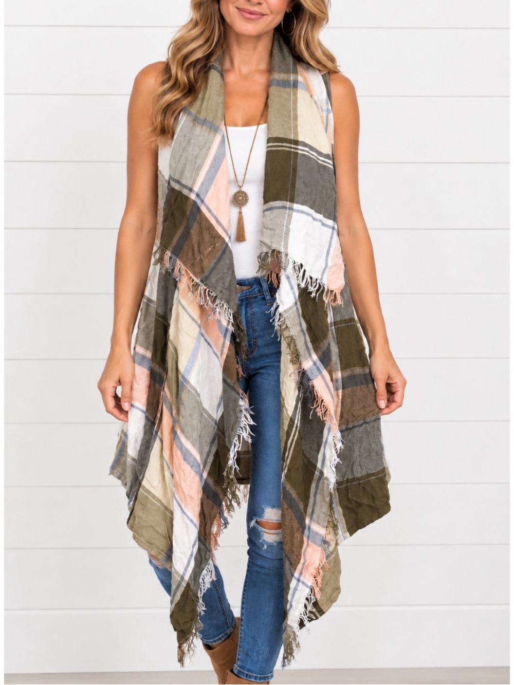 Maurices Plaid Open Front Waterfall Vest, featuring a relaxed asymmetric drape